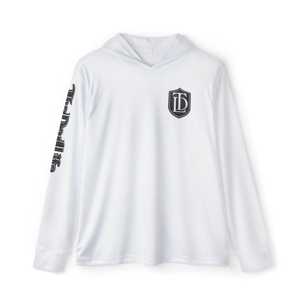 White Athletic Warmup Hoodie — 'TDL' Chest Logo & TheDadLife Sleeve