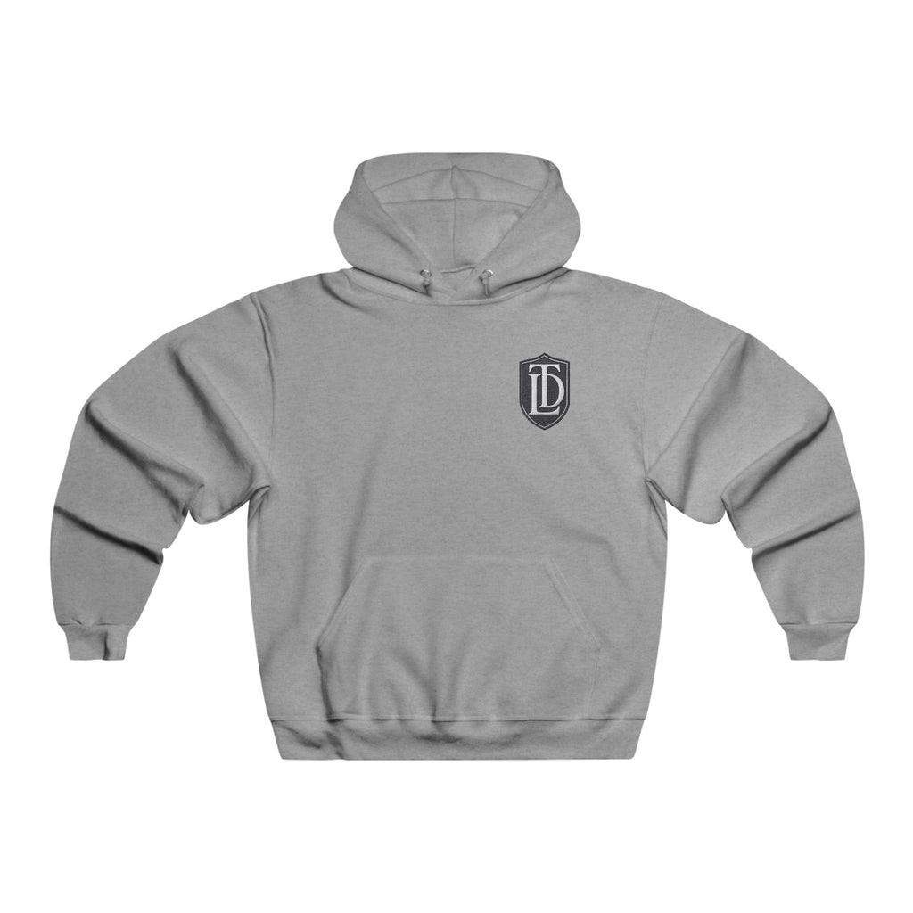 Minimal TDL Crest Hoodie — Small Front Shield Logo & Subtle Back Text Sweatshirt