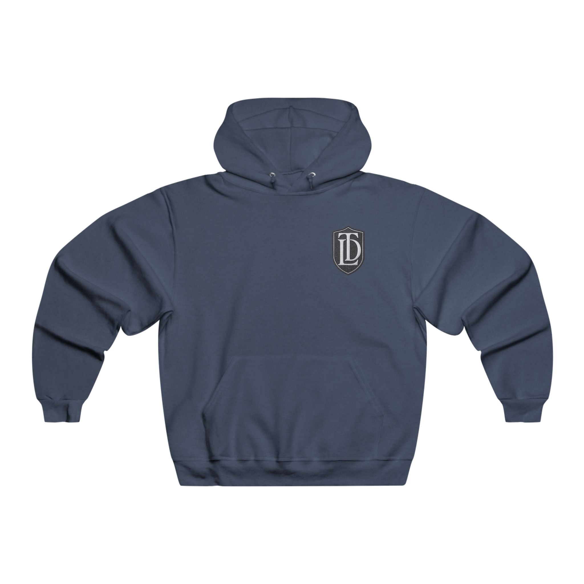 Minimal TDL Crest Hoodie — Small Front Shield Logo & Subtle Back Text Sweatshirt
