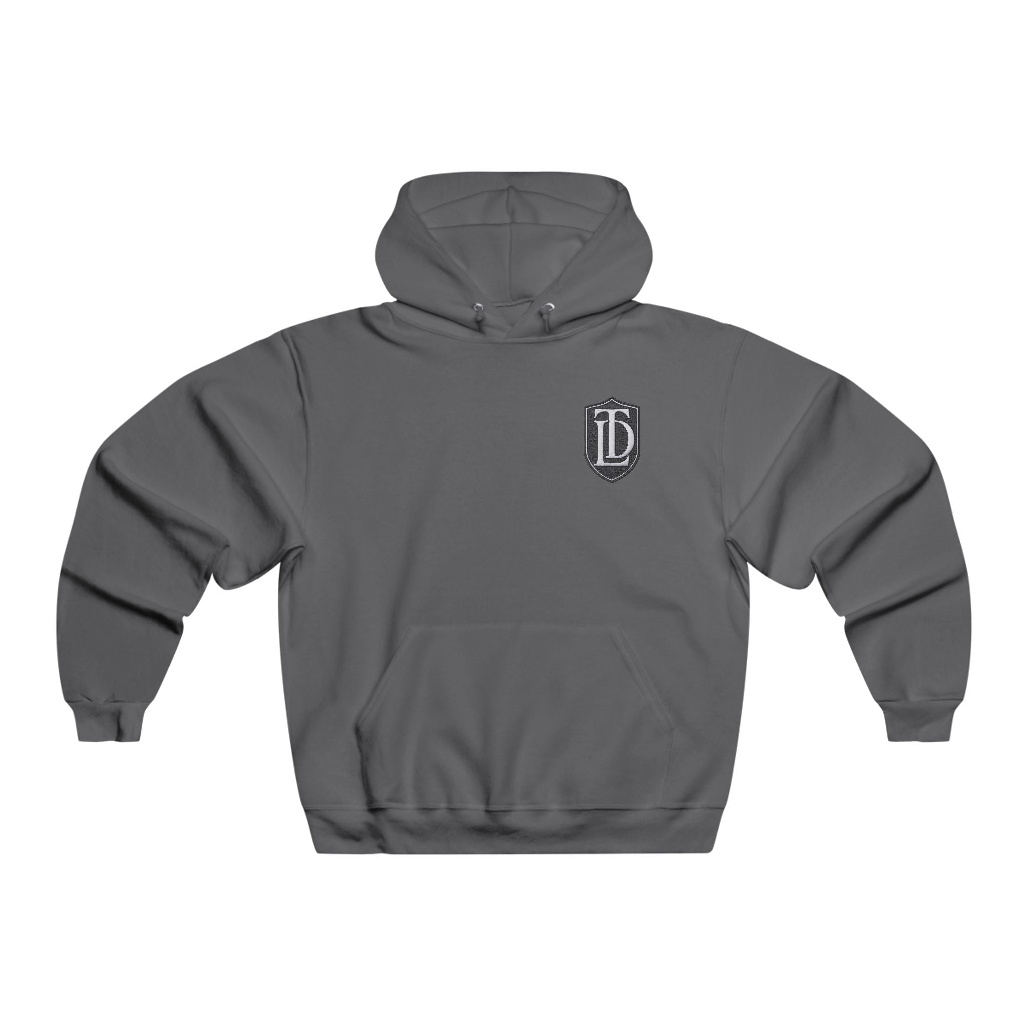 Minimal TDL Crest Hoodie — Small Front Shield Logo & Subtle Back Text Sweatshirt